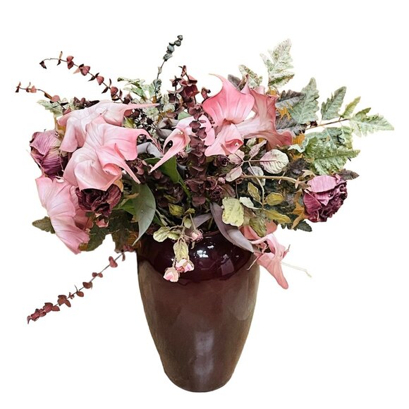 Large Decorative Vase With Artificial Floral Arrangement Pink & Green Silk Flowe - Picture 1 of 7